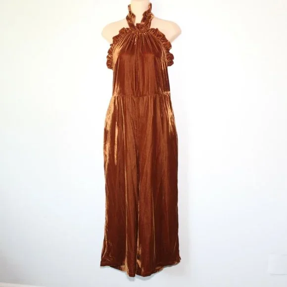 Kristinit Anthropologie Velvet Ruffle Halter Jumpsuit Copper Large H13128 - Picture 2 of 12